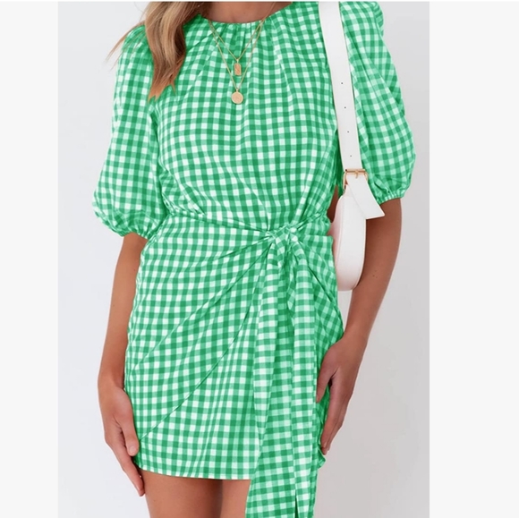 Womens Casual Plaid Crewneck Lantern Sleeve Wrap Tie Waist Party Short MiniDress - Picture 4 of 14